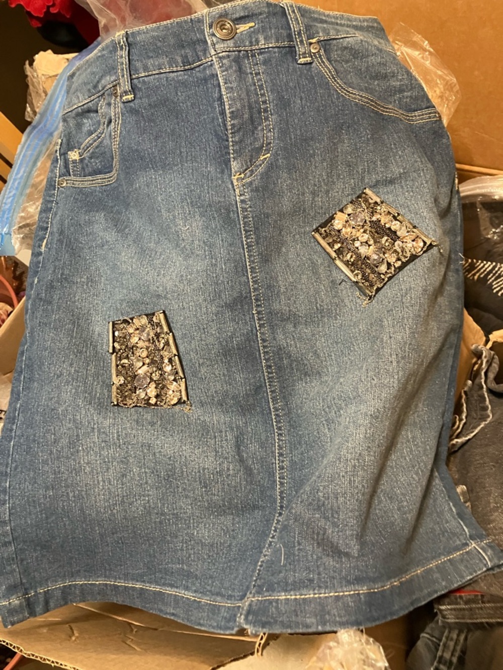 Denim Skirt with Embellished Patch Details - like new, size 4-6